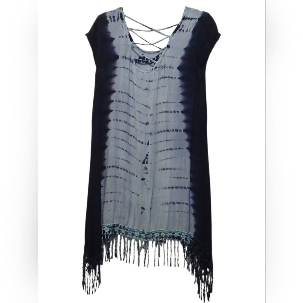 Blue Island - NWOT Hi/Lo Tie-Dye Beach Dress W/Crochet Fringe, Criss Cross Back - Picture 6 of 8